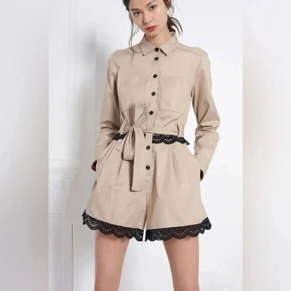 MARISSA WEBB cassy cotton khaki & black lace trim long sleeve button up romper - Picture 1 of 9